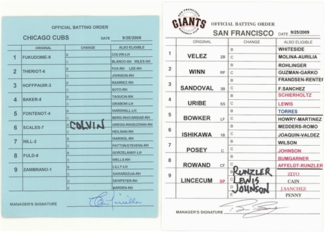 Lot of (2) 2009 Umpires Line Up Cards From 9/25/2009 - Buster Poseys First Career Start